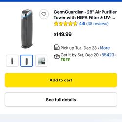GermGuardian - 28" Air Purifier Tower with HEPA Filter & UV-C for 180 Sq. Ft Rooms - Black