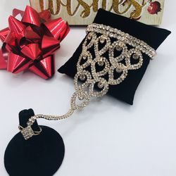 Silver Rhinestone Bracelet With Finger Ring