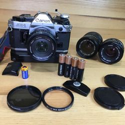 Canon AE-1 AE1 Program 35mm Film Camera With Three Lenses And Winder