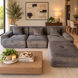 Gray Corduroy Modular Sofa with Ottoman