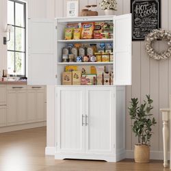 71.3" Tall Kitchen Pantry Storage Cabinet, Modern Hutch Cabinet with Storage Shelves, Food Pantry Cabinet with Storage & Silver Handle, Freestanding C
