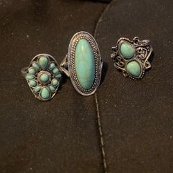 Lot Of 3 Native American Silver Turquoise Rings Size 7