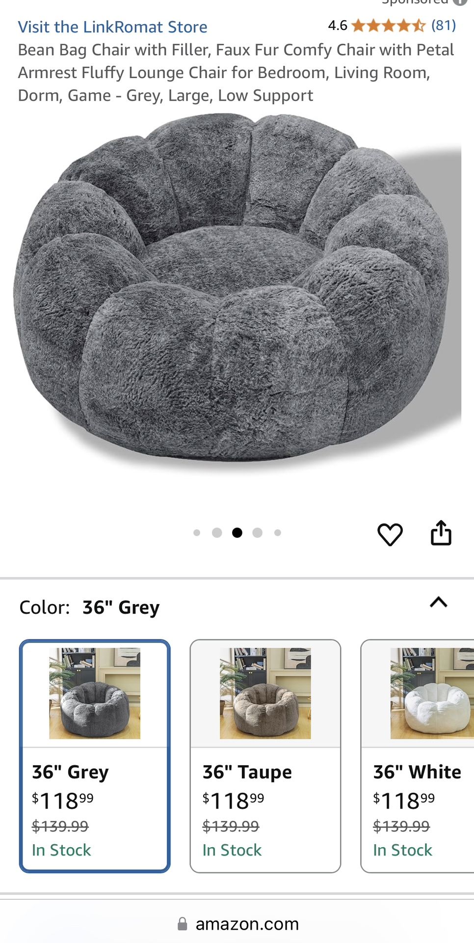 Bean Bag Chair with Filler, Faux Fur Comfy Chair with Petal Armrest Fluffy Lounge Chair for Bedroom, Living Room, Dorm, Game - Grey, Large, Low Suppor