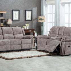 BROWN 2PC Fabric USB Power Recliners w/ Stitching Sofa SET