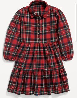 Christmas Long-Sleeve Tiered Flannel Shirt Dress for Toddler Girls
