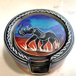 Vibrant Vintage Kenya Soapstone 3” Coasters w/Holder Handmade African Animals - 7 pieces   Very heavy 