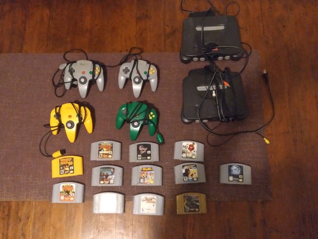 Two Nintendo 64 Consoles, For Nintendo 64 Remotes, Collection Of The Best And Classic Games