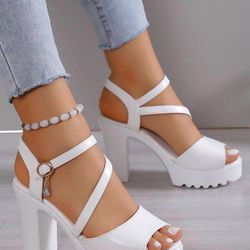 Women’s Elegant White Rhinestone Platform Chunky Ankle Strap Heeled Sandals *NEW*