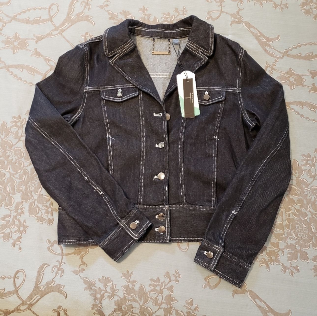 Tahari Black Denim Button Up Tencel Jean Jacket Women Size Large
