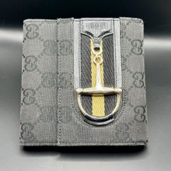 Gucci GG Canvas Horsebit Black Bifold Wallet Pre Loved MINT Authentic Condition 