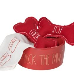Rae Dunn Dog Dish.  Bandanna And Two Toys