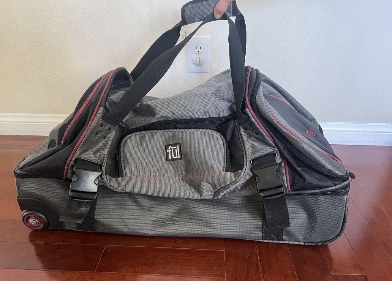 FUL 22"x13"x12" Wheeled Rolling Duffel Bag Carry On Suitcase, Gray w/ Red Trim
