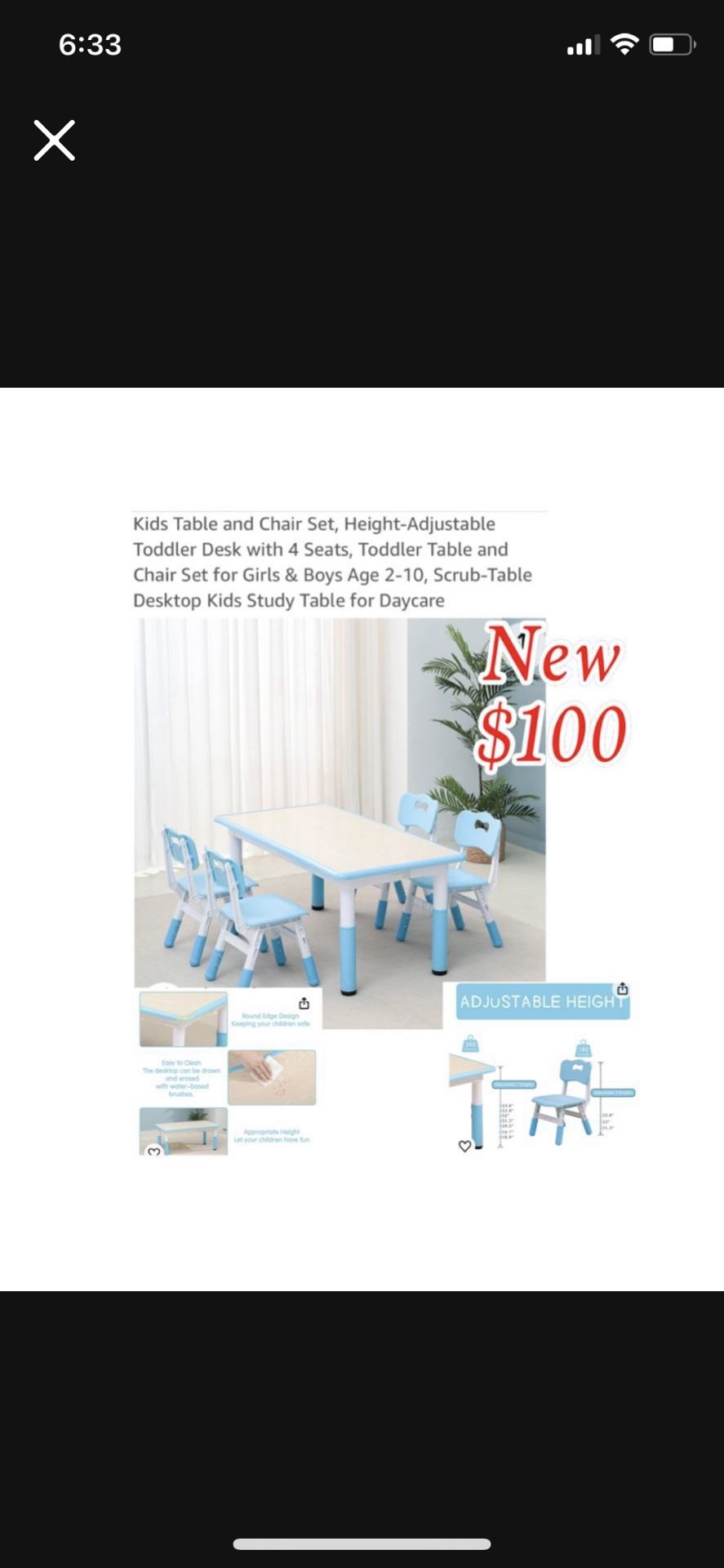 New Kids Table and Chair Set, Height-Adjustable Toddler Desk with 4 Seats, Toddler Table and Chair Set  Age 2-10, Scrub-Table Desktop  $100firm