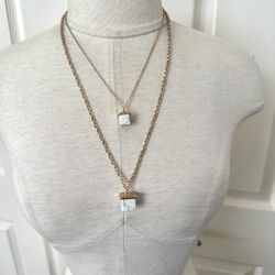 Gold Tone Double Chain Box Pendant Necklace 