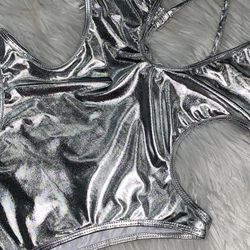 Metallic Silver Bodysuit For Women, Snap Crotch Shiny Top