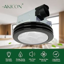 Akicon Ultra Quiet Bathroom Exhaust Fan with LED Light 80CFM 2.0 Sones Round Bathroom Ventilation Fan with Frosted Glass Cover Matte Black Finis