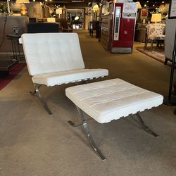 White Leather Barcelona Chair & Ottoman