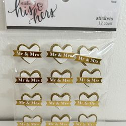 Wedding Mr. and Mrs. 3D Heart stickers, gold glitter and white. 12 count 