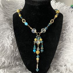 Tassel Drop, Blue Beaded, Charm, Gold Accent Toggle Necklace  