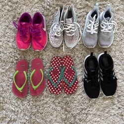 Lot Of Girls’ Shoes - All 6 Pairs Inded- Nike, Adidas, Vans, Havaianas - Sizes 3 - 4 1/2- Good Clean Condition