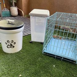 Dog Crate And Two Dog Food Bins 