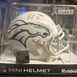 RJ Harvey Signed Denver Broncos Riddell Salute To Service Speed Mini Helmet JSA