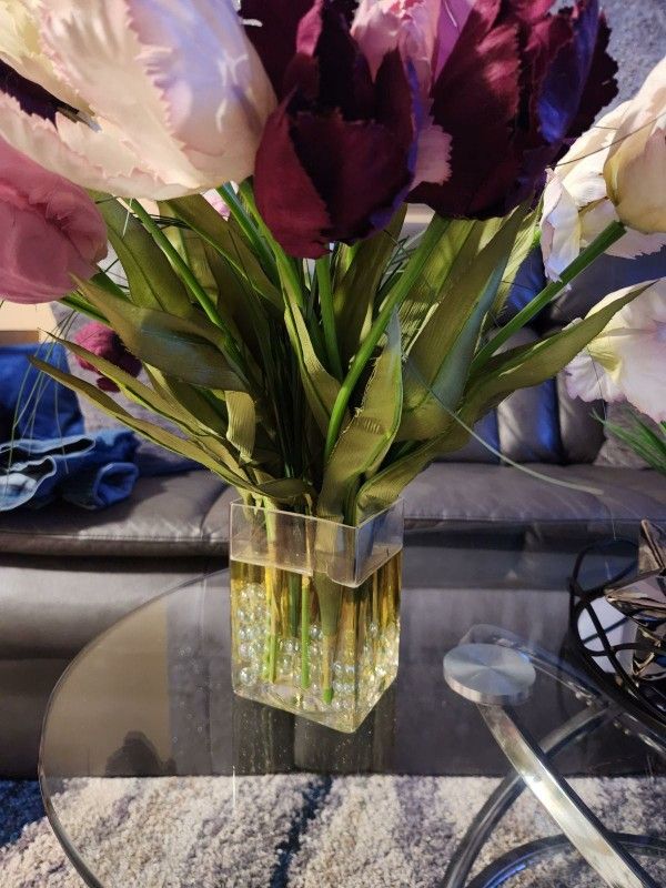 Vase With Floral Arrangement & Beads