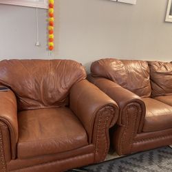 🛋️ Brown Leather Couch Set – Sofa, Chair & Ottoman