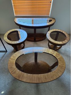 Beautiful Tiger Maple Amber Glass Solid Wood Table Set of 4