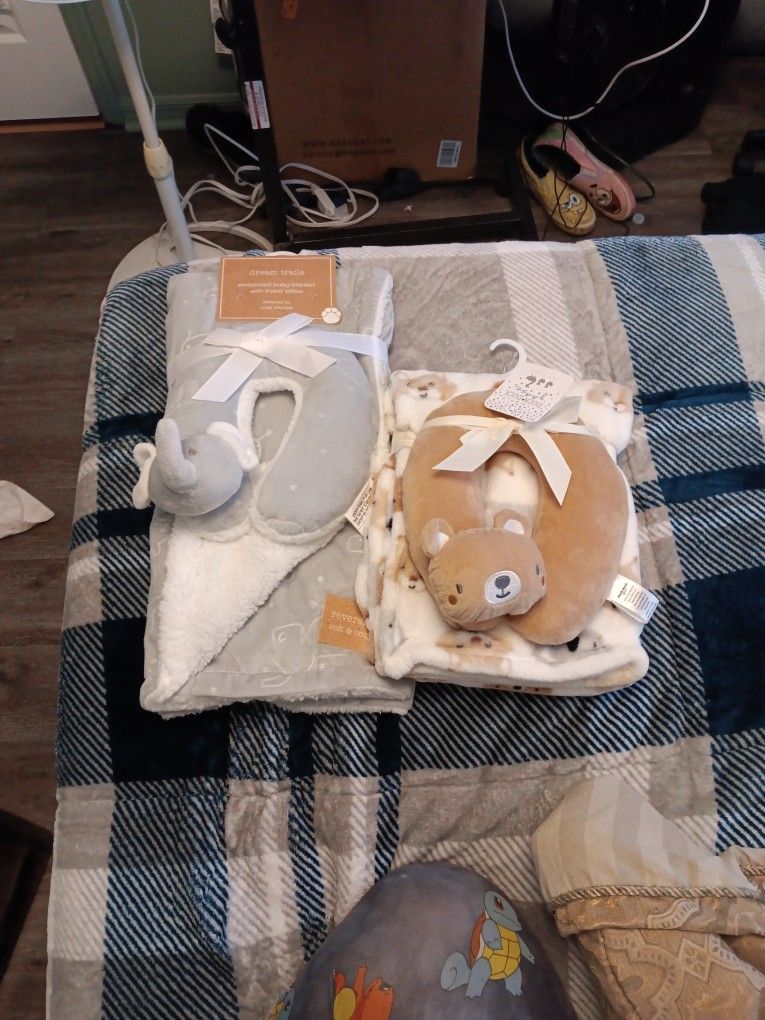 Embossed Baby Blanket, Plush Blanket, & 2 Travel Neck Pillows