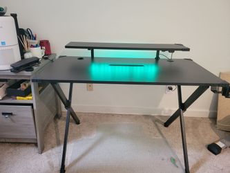 Black Gaming Desk with RGB Lighting and Monitor Shelf