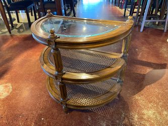 Vintage Rattan and Glass Three Tier Semi-Circle Side Table