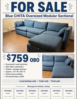 CHITA Oversized Modular Sectional Sofa + Storage Ottoman – Blue - $759 OBO
