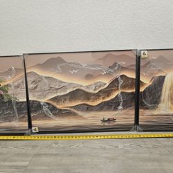 Framed Mountain Wall Art for Living Room, 3 Piece Brown Landscape Painting Prints, Modern Luxury Bright Style Pine Tree Waterfall Artwork 