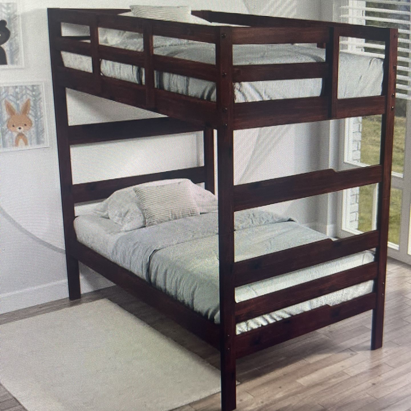 Brand New Twin Over Twin Size Wooden Cappuccino Bunk Bed Frame With 2 New Mattress
