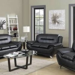 Black Leather Modern Style Three Piece Couch Set