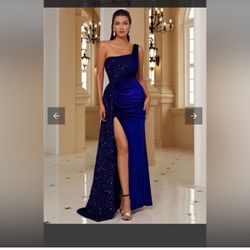 Formal Royal Blue One Shoulder Draped Sequin And Velvet Dress 