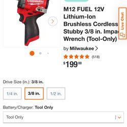 M12 FUEL 12V Lithium-Ion Brushless Cordless Stubby 3/8 in. Impact Wrench With A 3.0 Battery 