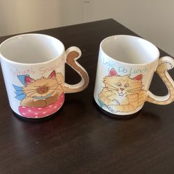 2 Retro Kitsch Ceramic CT Coffee Mugs Cat Themed Mount Clemens Pottery 3.5” Tall NEW UNUSED