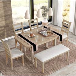 Merax 6-piece dining set featuring a rectangular table, 4 upholstered chairs, and a matching bench.