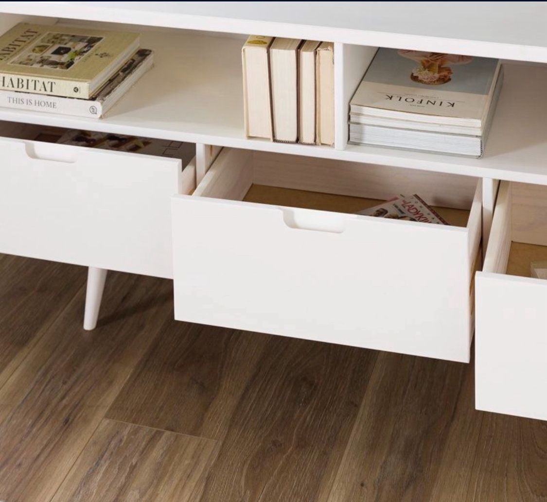 New White Solid Wood Mid Century Modern TV Stand Entertainment Center with Storage Drawers