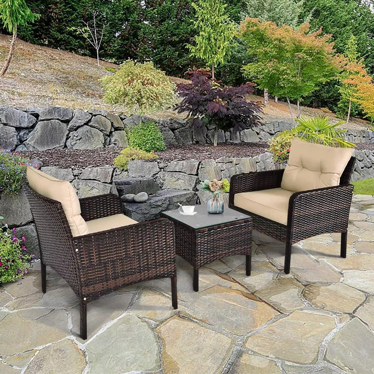 3-Pieces Patio Furniture Set Outdoor Rattan Wicker Coffee Table & Chairs Set