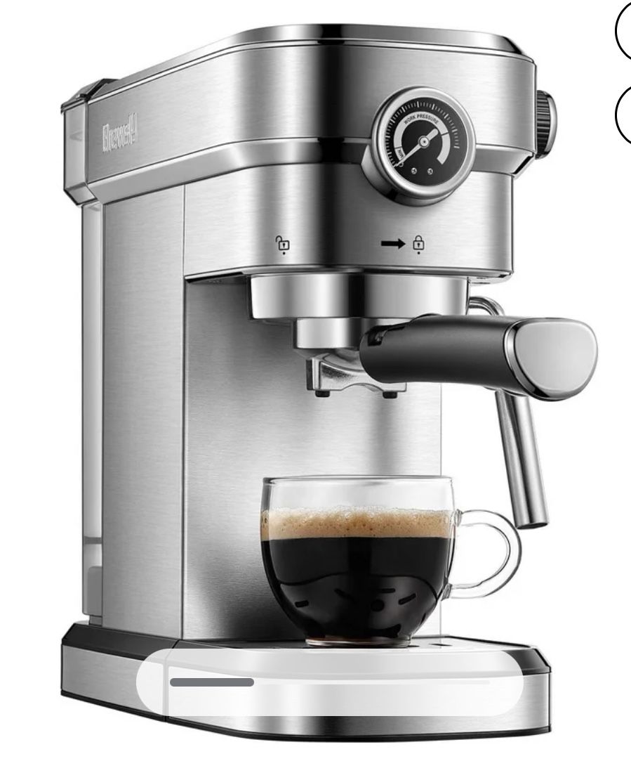 Brewsly Espresso Machine, 15 Bar Espresso and Cappuccino Latte Machiato Maker with Frother, Stainless Steel, Silver