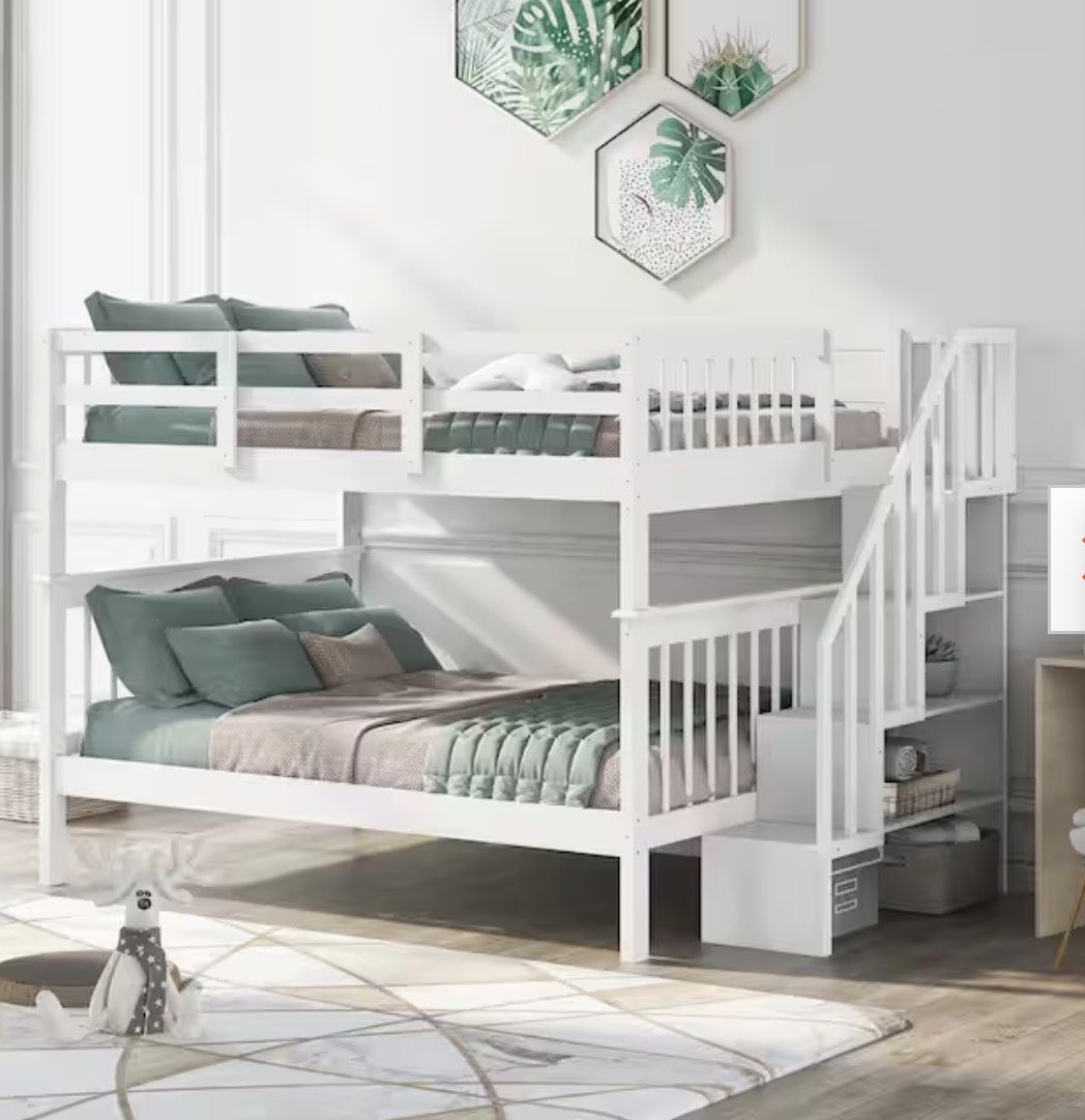 White Full Over Full Wooden Bunk Bed with Storage Stairway