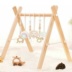 Wooden Baby Gym with 6 Wooden Baby Toys Foldable Baby Play Gym Frame Activity Gym Hanging Bar Newborn