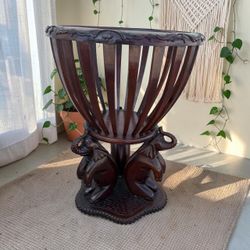 Carved Dark Wooden Elephant Jardiniere Plant Basket / Stand 18x26.5in