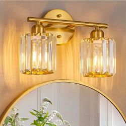 FDPBY Modern 2 Light Crystal Vanity Light, Brushed Gold Vertical Bathroom Light Fixture Over Mirror