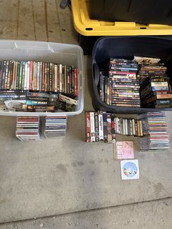 Lot of mixed media for sale! VHS tapes, DVDs, Cassette Tapes, CDs!