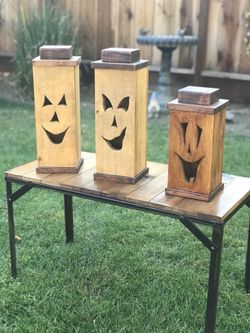 Wood Pumpkin lanterns for Halloween on the porch, garden, patio or home