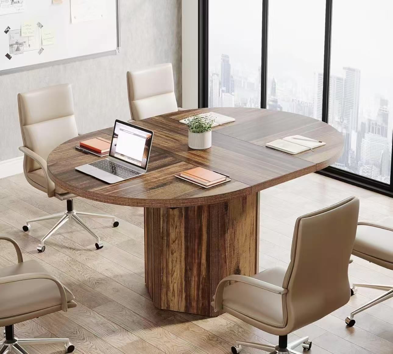 JW0824 55.12 Inches Oval Conference Table, Rustic Wood Conference Meeting Room Table for 4-6 People, Small Seminar Table with Polygon Shaped Base for